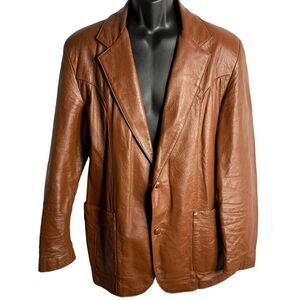 Vintage 70s Leather Western Coat M Brown Buttons One Point Pockets Notch Collar